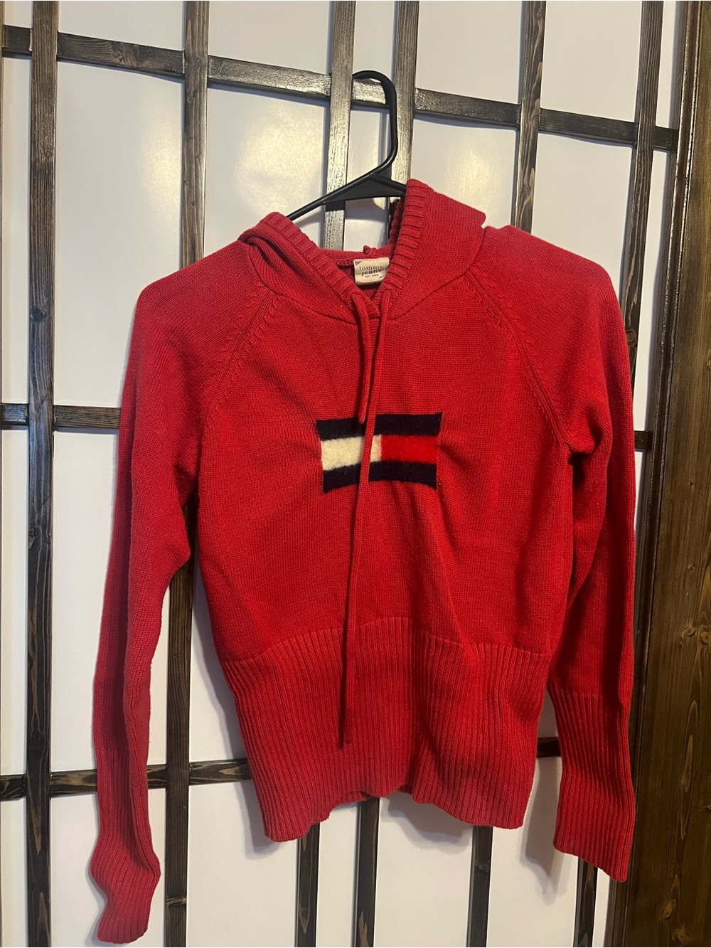 Tommy Hilfiger Red V-Neck Hooded Sweater with Signature Stripe